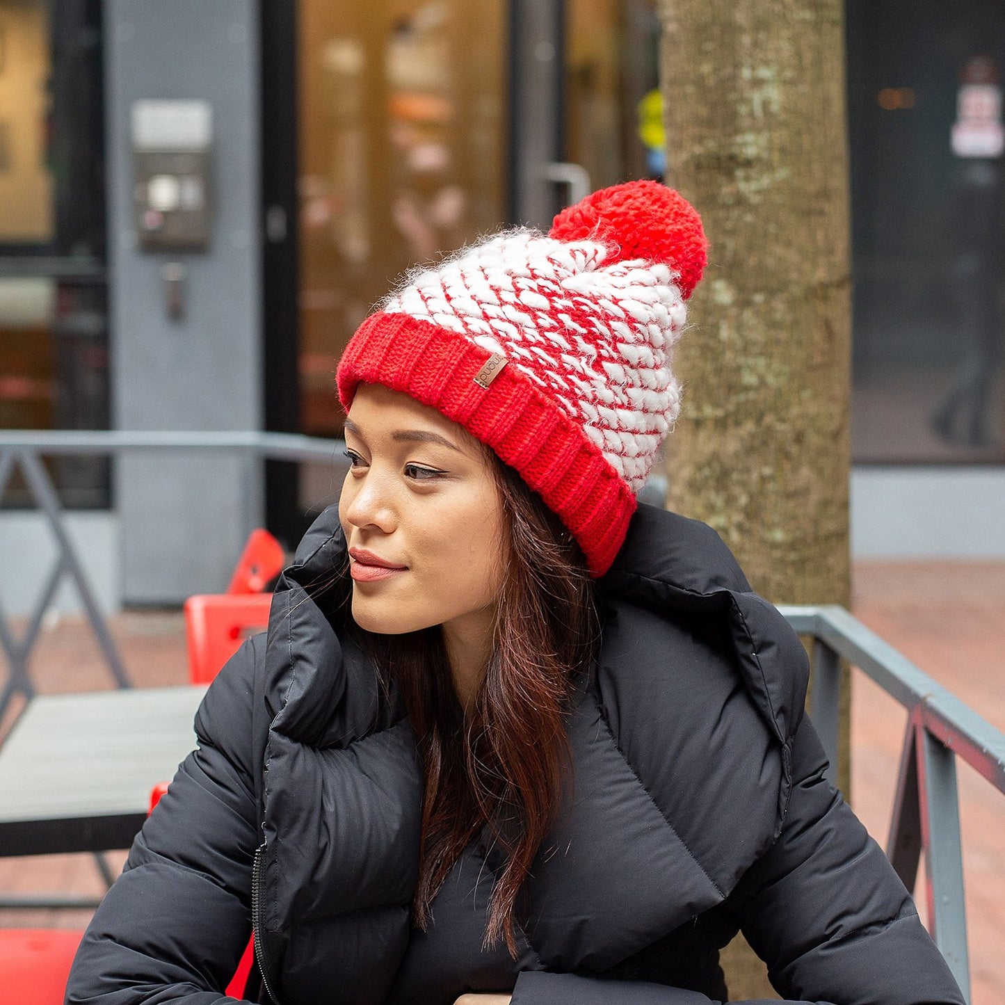 Bubble Red Pom Pom Beanie Hat - Adult