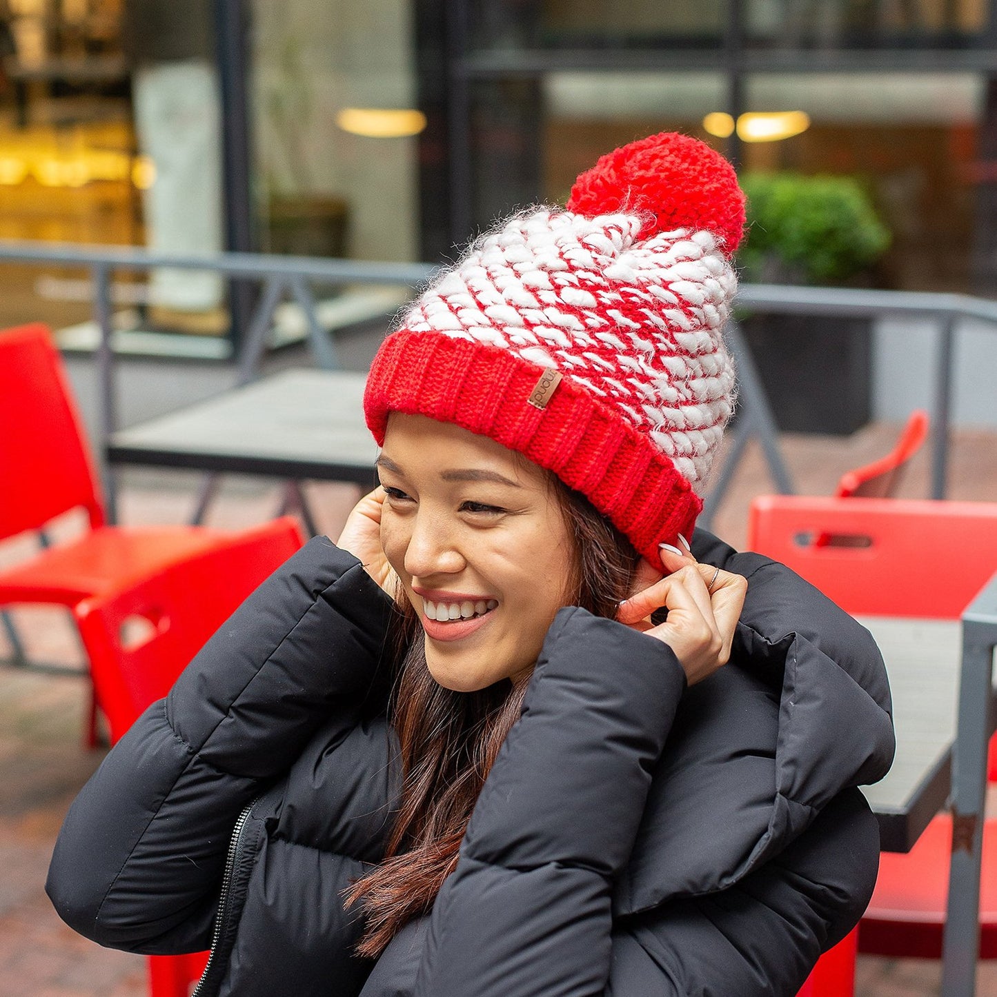 Bubble Red Pom Pom Beanie Hat - Adult