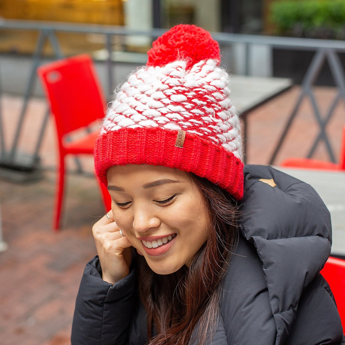 Bubble Red Pom Pom Beanie Hat - Adult