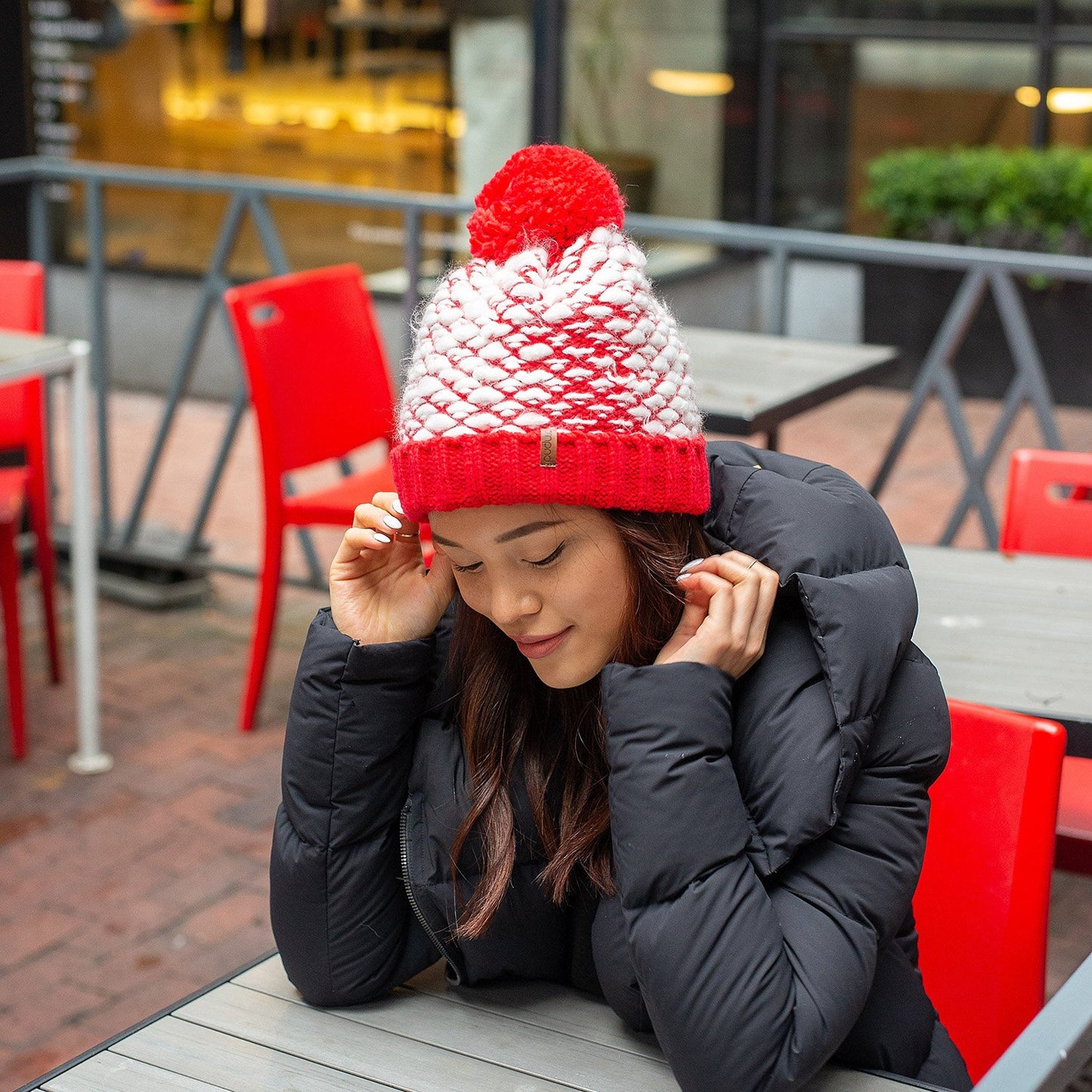 Bubble Red Pom Pom Beanie Hat - Adult