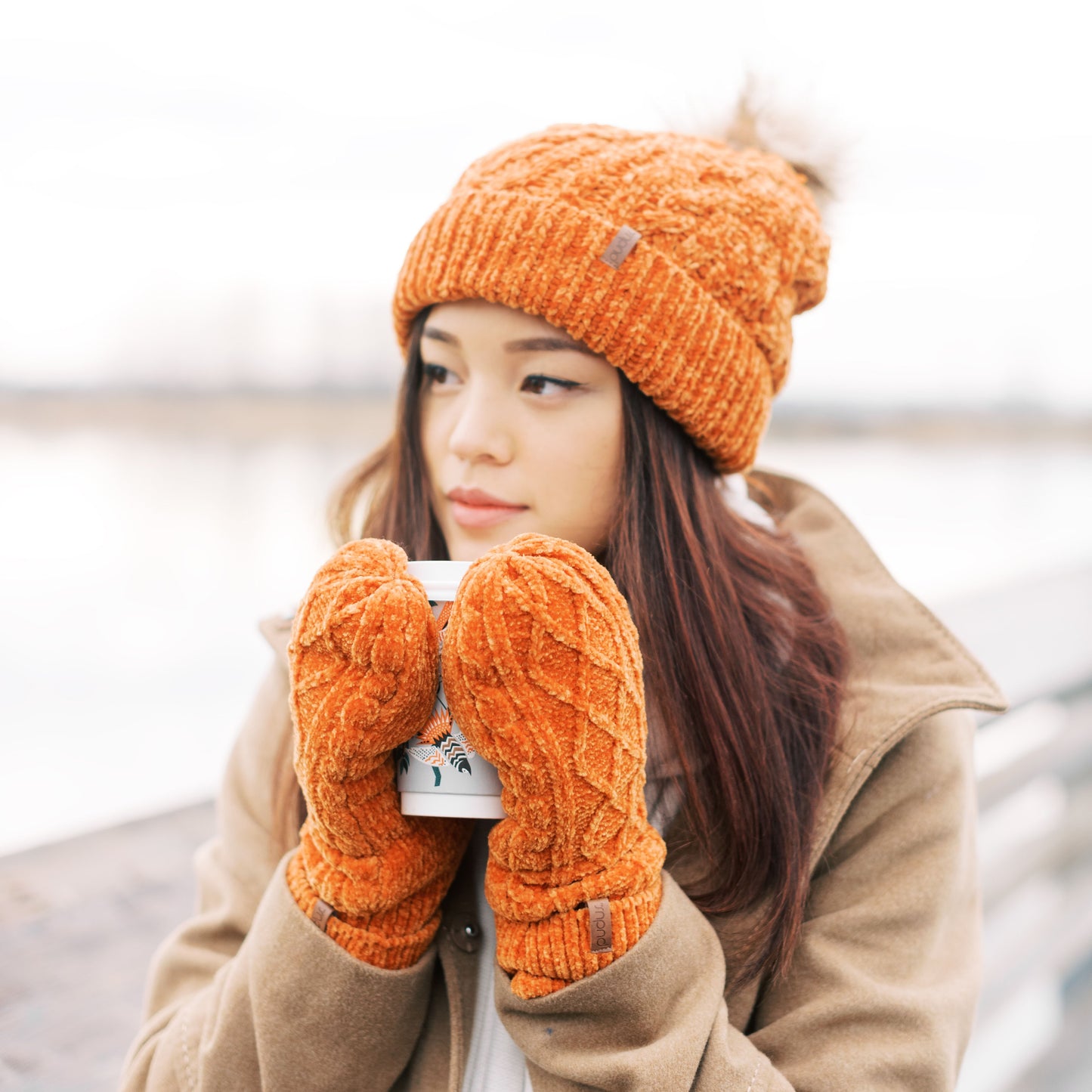 Peach Caramel Chenille Cable Knit - Beanie Hat Adult