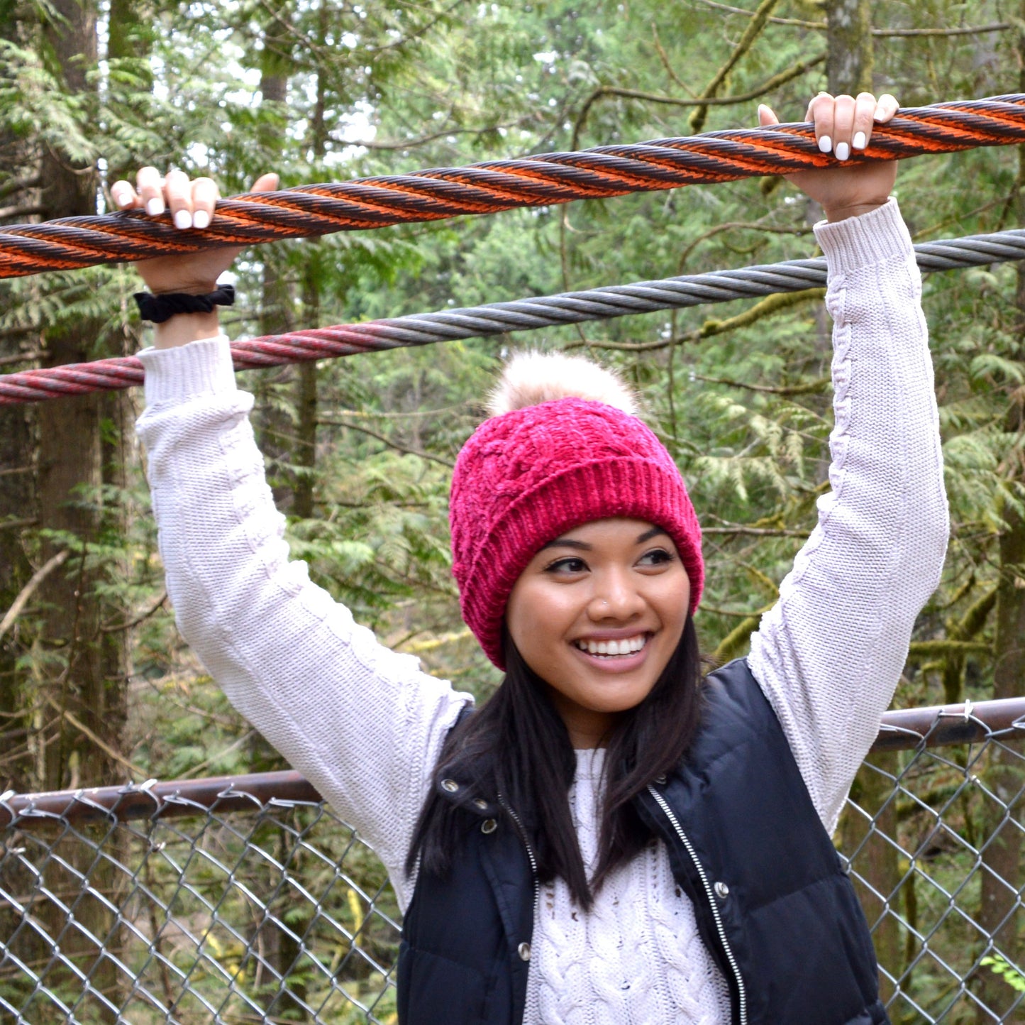 Raspberry Chenille Cable Knit - Beanie Hat Adult