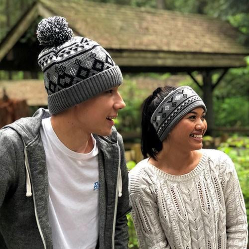 Pudus Classic Knit Winter Headband for Women, Fuzzy Fleece-Lined Ear Warmer Geometric Black - Headband Adult