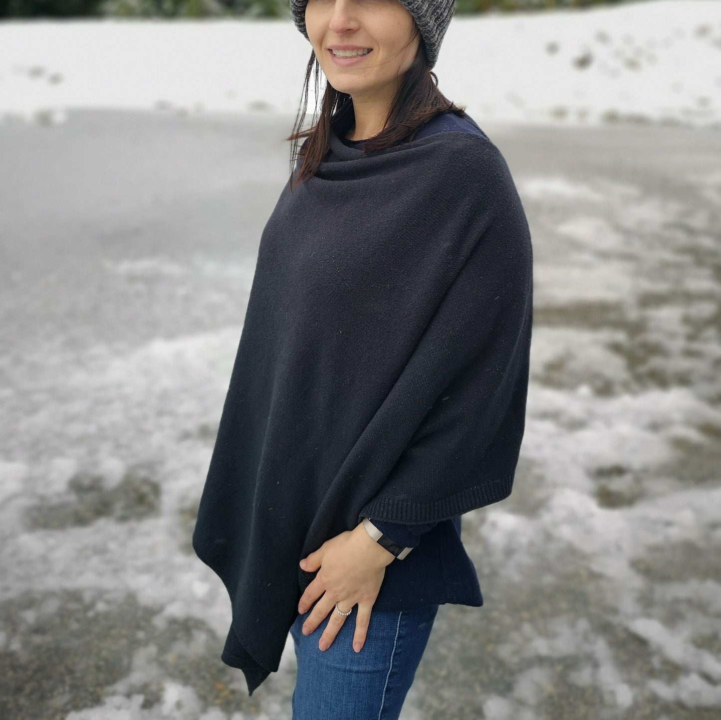 Pudus Women's Soft Faux Cashmere Poncho Sweater - Use as a Coat, Cape, Shawl, Wrap, or Blanket Poncho Black Poncho