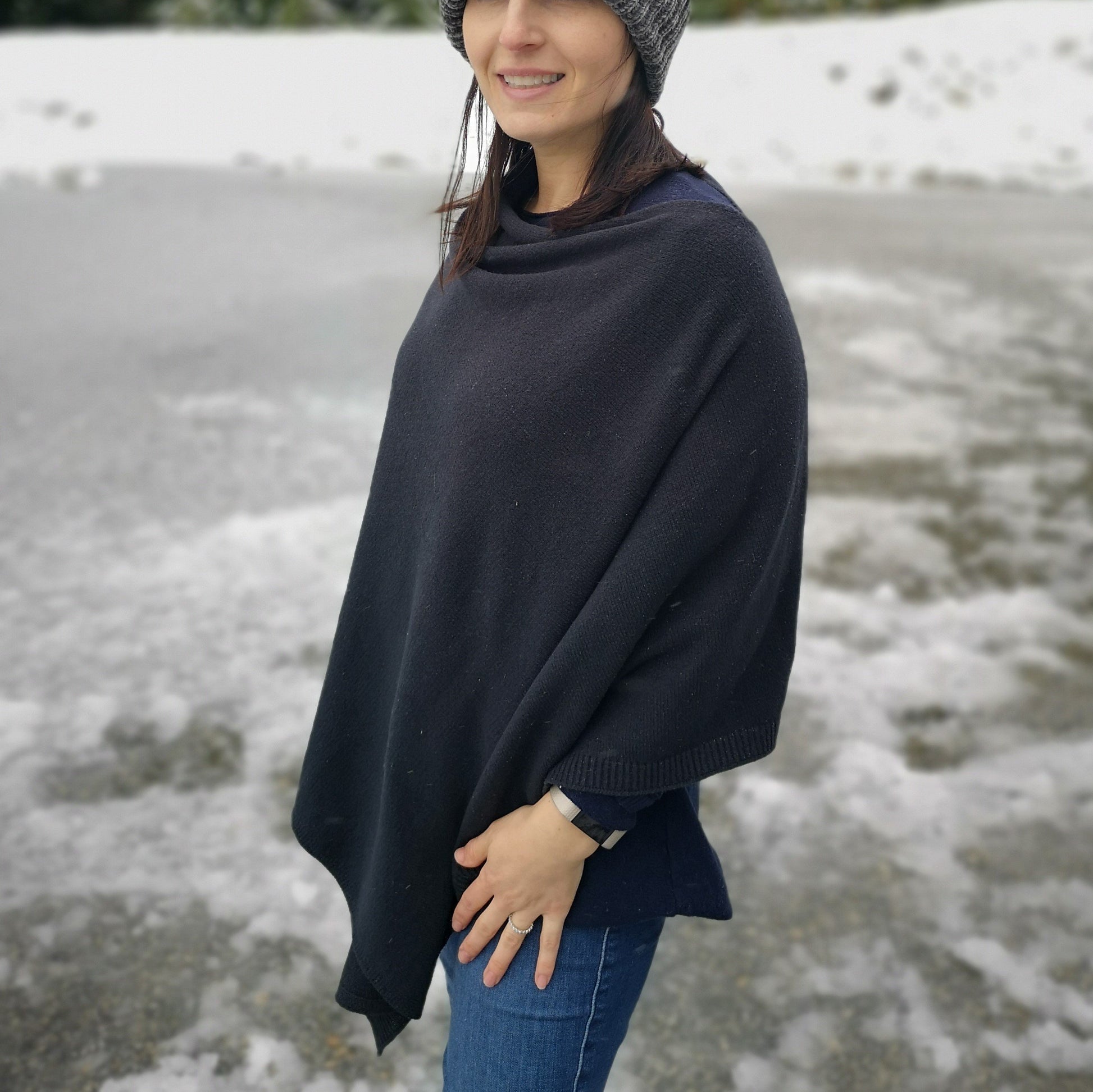 Pudus Women's Soft Faux Cashmere Poncho Sweater - Use as a Coat, Cape, Shawl, Wrap, or Blanket Poncho Black Poncho