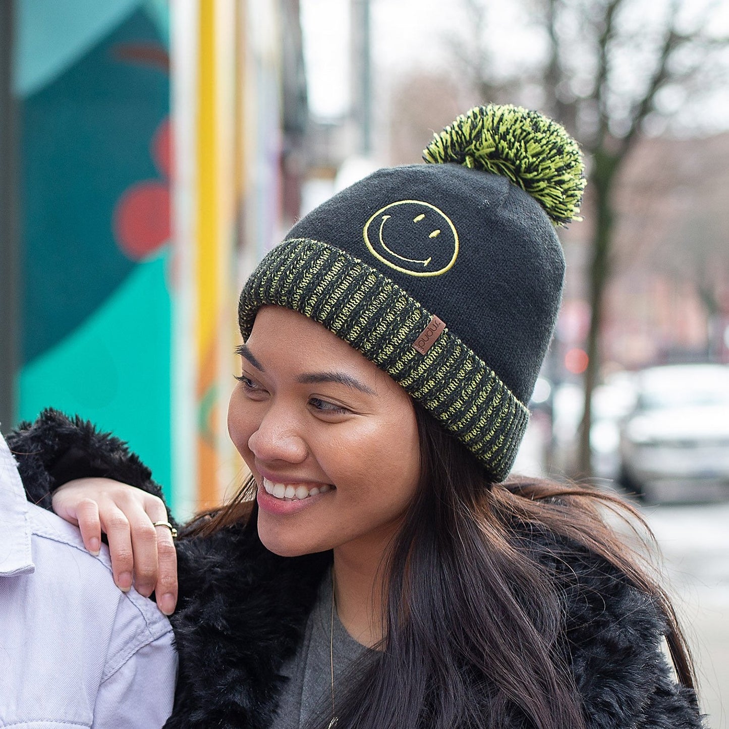 Smiley® Black Pom Pom Beanie Hat