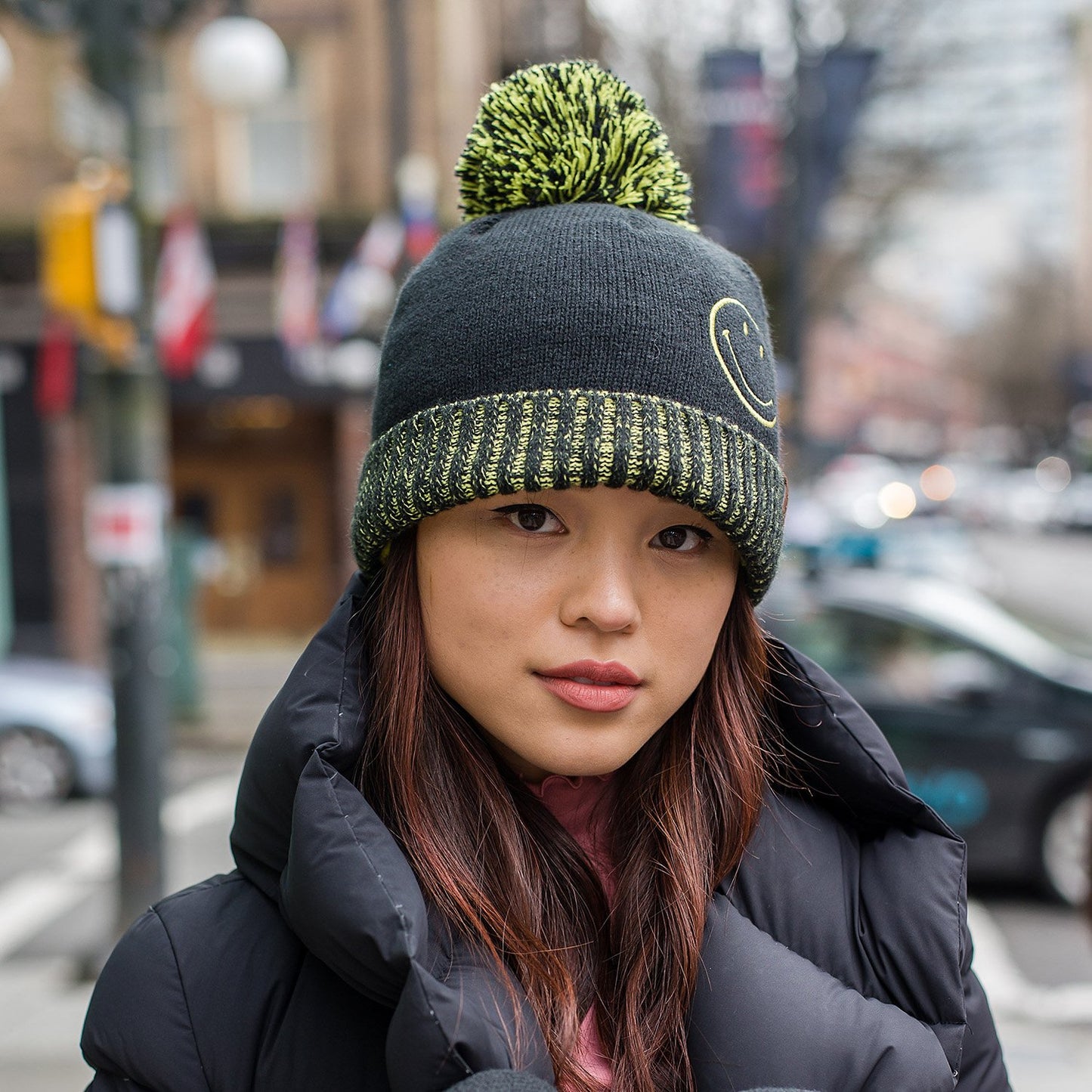 Smiley® Black Pom Pom Beanie Hat