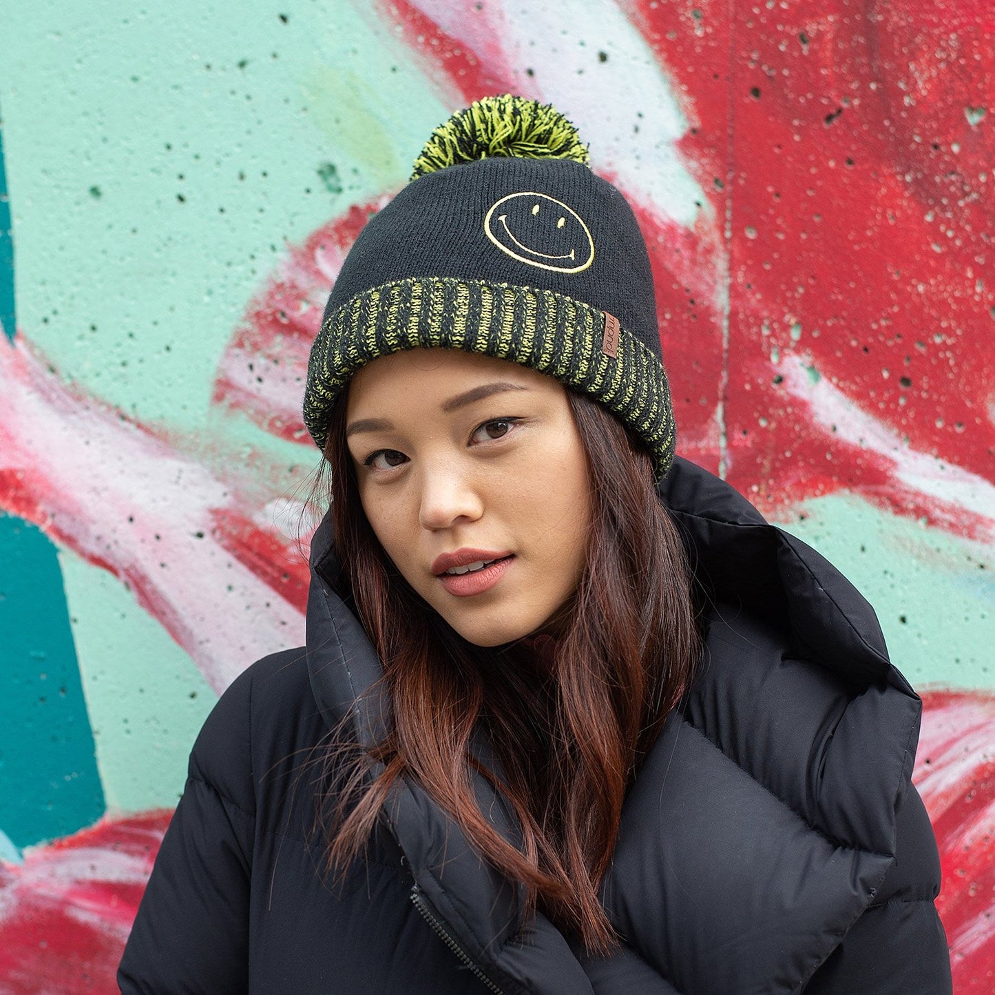 Smiley® Black Pom Pom Beanie Hat