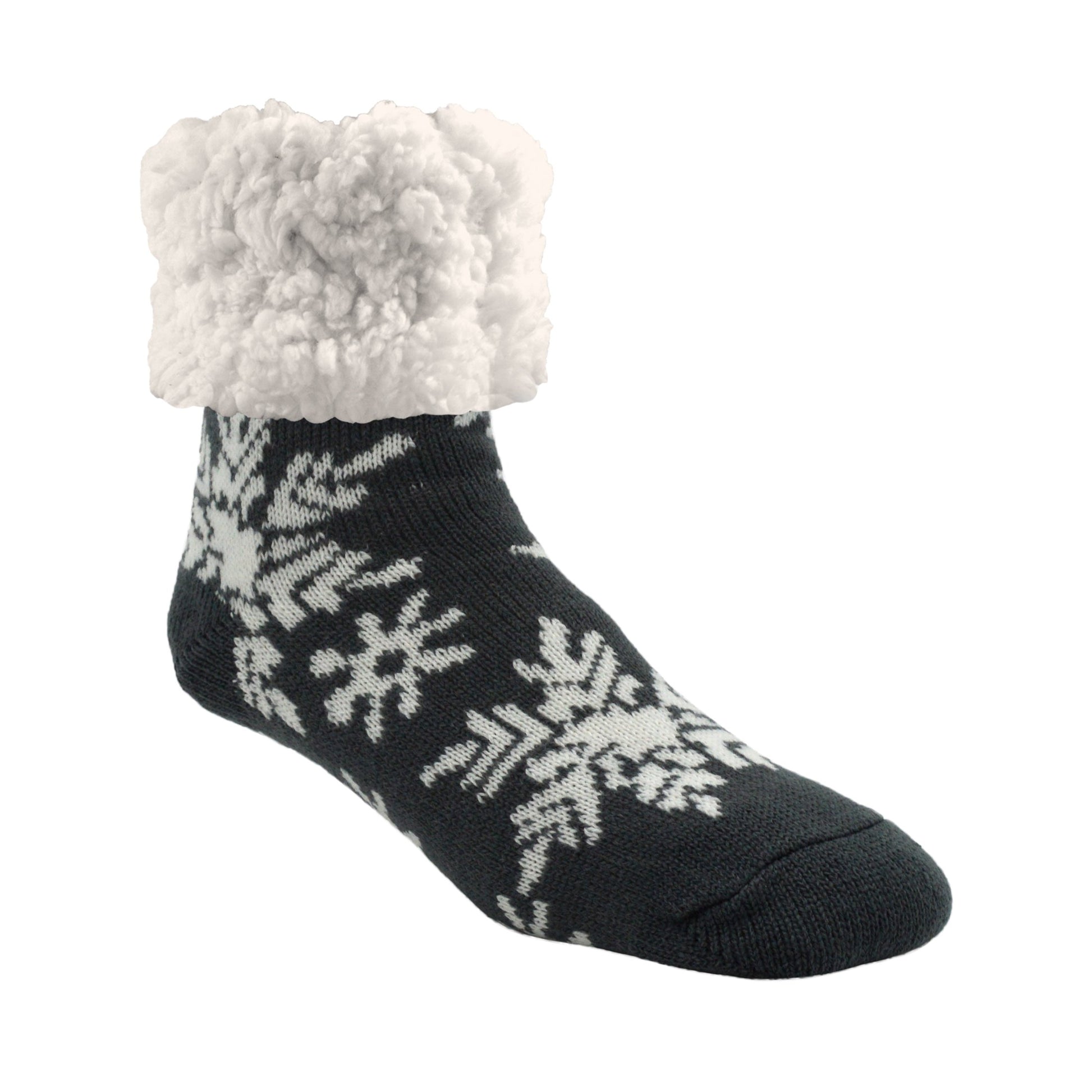 Pudus Cozy Winter Slipper Socks for Women and Men with Non-Slip Grippers and Faux Fur Sherpa Fleece - Adult Regular Fuzzy Snowflake Dark Grey - Classic Slipper Sock