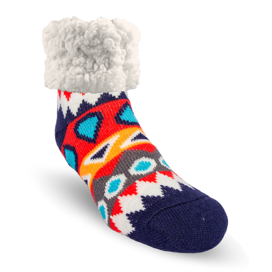 Pudus Cozy Winter Slipper Socks for Women and Men with Non-Slip Grippers and Faux Fur Sherpa Fleece - Adult Regular Fuzzy Socks Southwest Red - Classic Slipper Sock