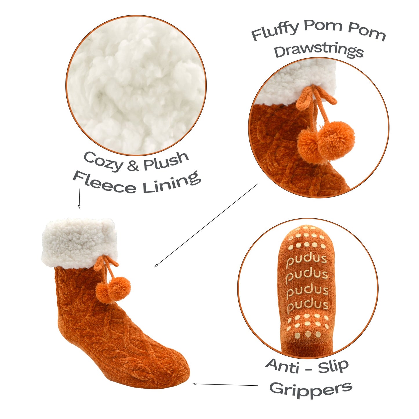 Chenille Cable Knit Peach Caramel - Classic Slipper Sock