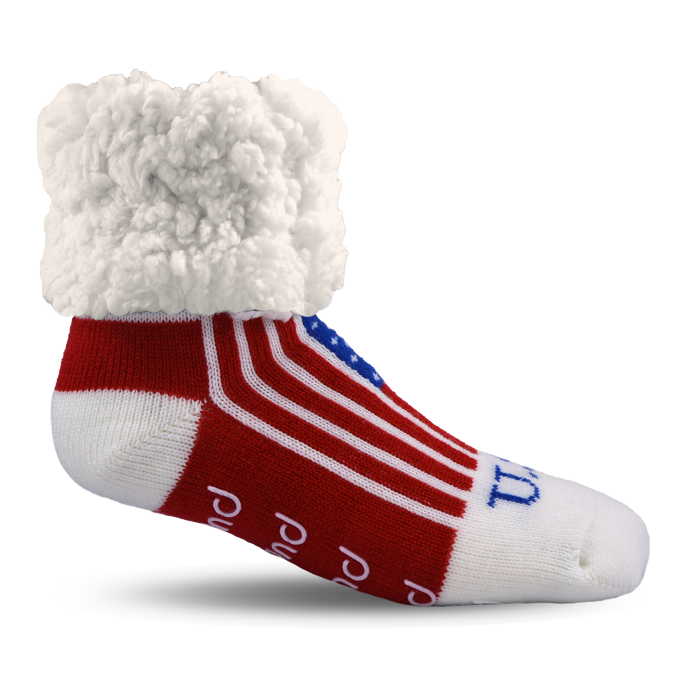 Pudus Cozy Winter Slipper Socks for Women and Men with Non-Slip Grippers and Faux Fur Sherpa Fleece - Adult Regular Fuzzy Socks USA Pride - Classic Slipper Sock