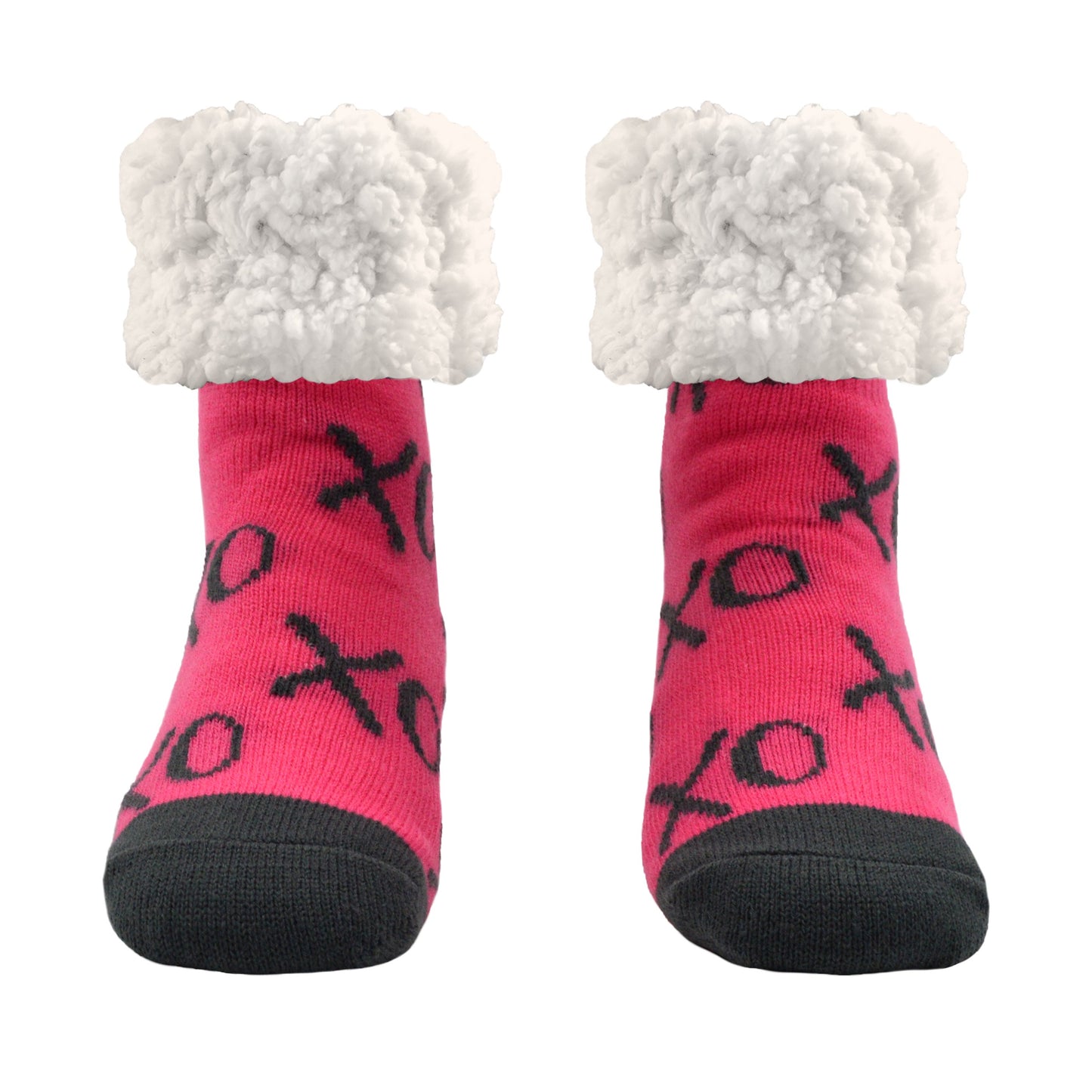 Pudus Cozy Winter Slipper Socks for Women and Men with Non-Slip Grippers and Faux Fur Sherpa Fleece - Adult Regular Fuzzy Socks XOXO Pink - Classic Slipper Sock