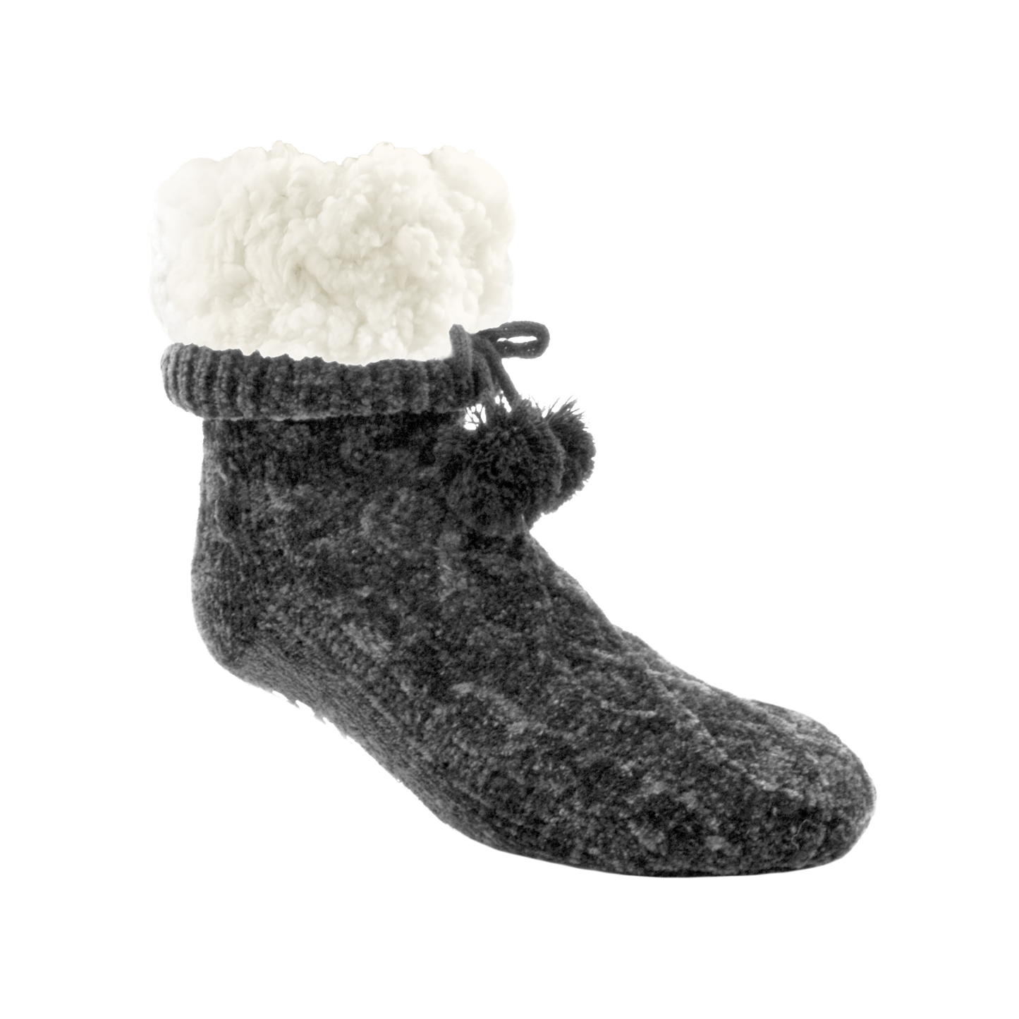 Pudus Winter Chenille Cable Knit Slipper Socks for Women and Men with Non-Slip Grippers and Faux Fur Sherpa Fleece Lining - Adult Regular Fuzzy Socks Chenille Cable Knit Grey - Classic Slipper Sock