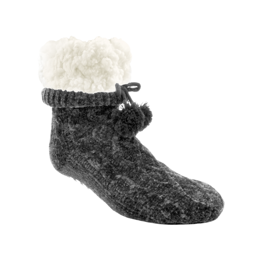 Pudus Winter Chenille Cable Knit Slipper Socks for Women and Men with Non-Slip Grippers and Faux Fur Sherpa Fleece Lining - Adult Regular Fuzzy Socks Chenille Cable Knit Grey - Classic Slipper Sock