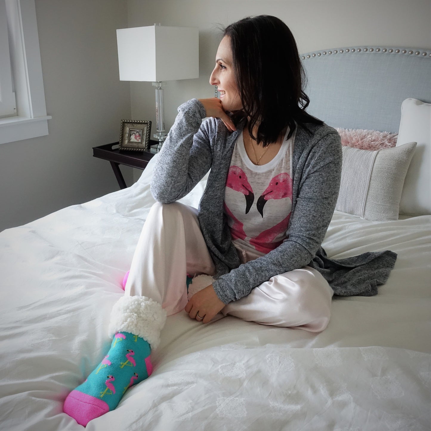 Pudus Cozy Winter Slipper Socks for Women and Men with Non-Slip Grippers and Faux Fur Sherpa Fleece - Adult Regular Fuzzy Socks Crabs - Flamingo - Classic Slipper Sock