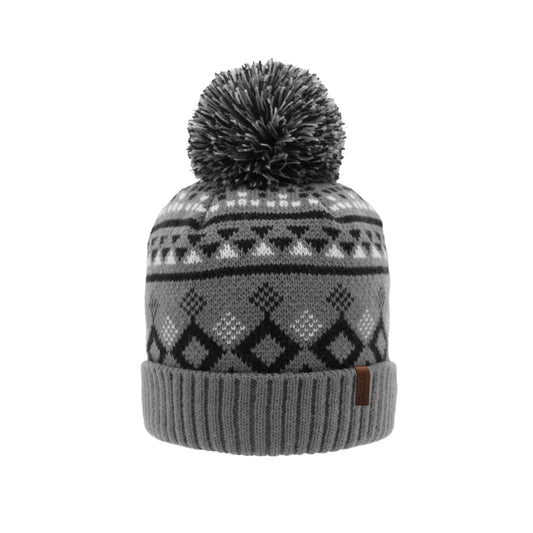 Geometric Black Pom Pom Beanie Hat - Adult