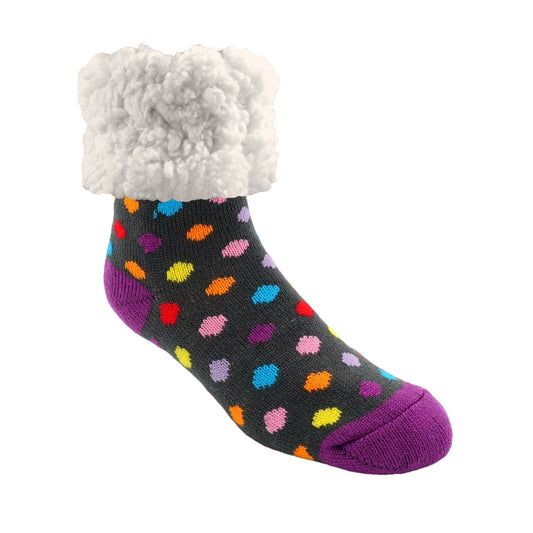 Pudus Cozy Winter Slipper Socks for Women and Men with Non-Slip Grippers and Faux Fur Sherpa Fleece - Adult Regular Fuzzy Socks Polka Dot Multi - Classic Slipper Sock